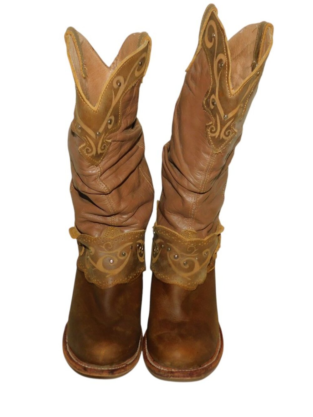 Brown Leather Slouch Western Boots With Decorative Harness Straps Made In Mexico - Picture 2 of 13